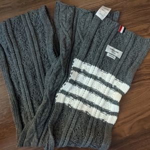 Thom Browne - 4-Bar Scarf Cable Knit Cotton - OS - Gray with White Bars